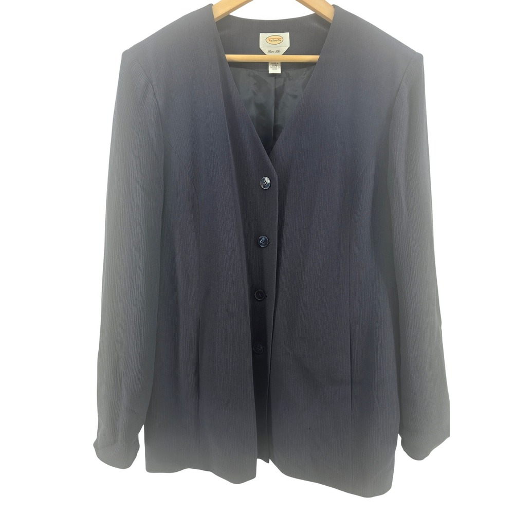 Talbots Silk Blazer Womens 16 Pure Silk Navy Blue Collarless Ribbed EUC - Picture 1 of 4